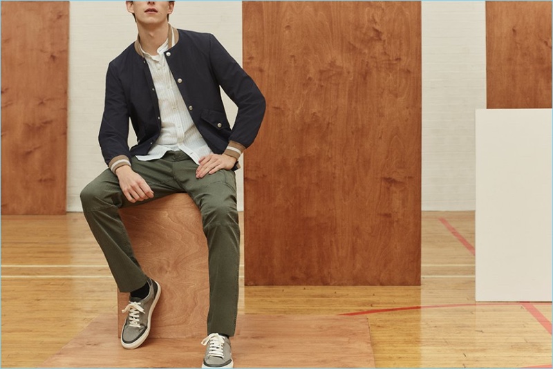 Play it smart in Brunello Cucinelli. Take this look for instance. It combines a timely bomber jacket with a grandad-collar shirt, cargo trousers, and sneakers.