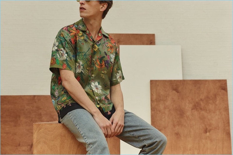 Gucci elevates the Hawaiian print shirt with its silk take. Pair the statement piece with denim jeans and aviator sunglasses.