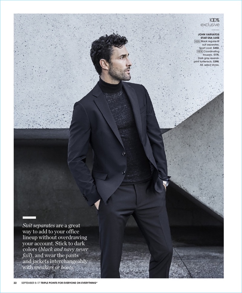 Making a case for suit separates, Noah Mills dons pieces by John Varvatos Star USA Luxe.