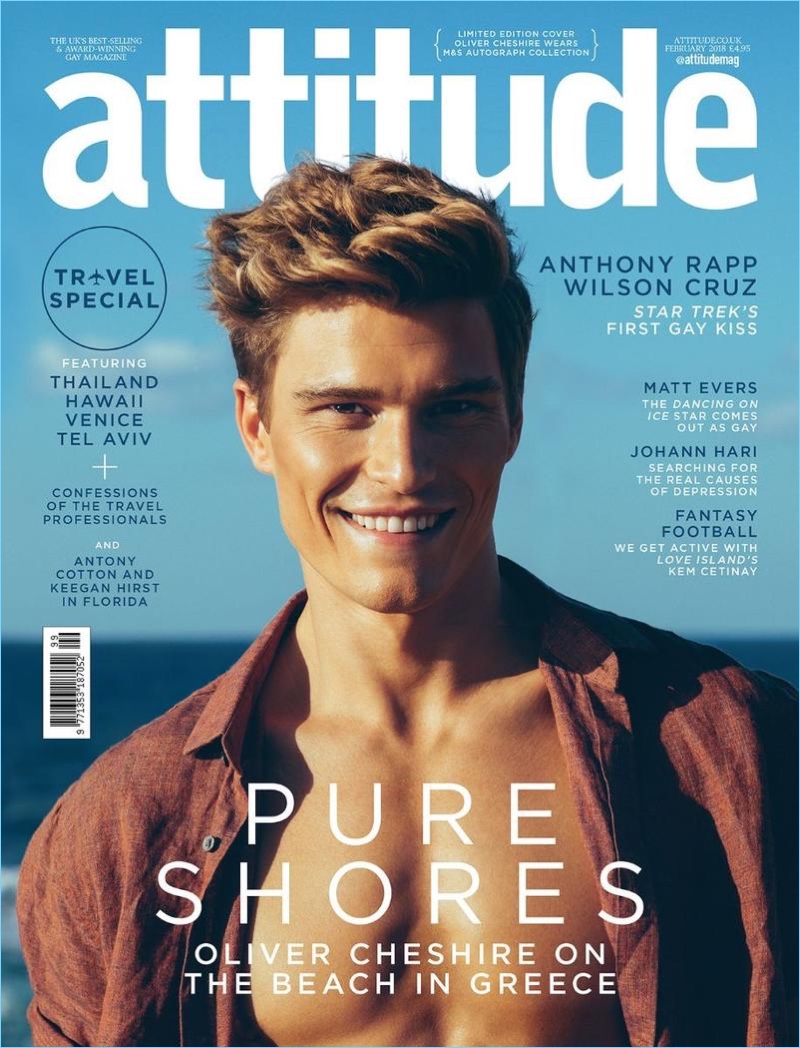 Oliver Cheshire covers the February 2018 issue of Attitude magazine.