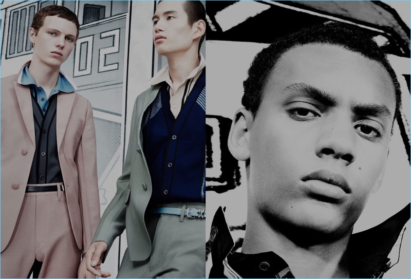 Sporting spring fashions, Daan Duez, Ko Hei, and Simon Bornhall front Prada's latest campaign.