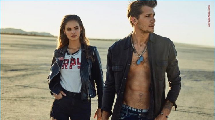 Robin Hölzken and Andrey Zakharov star in Replay's spring-summer 2018 campaign.