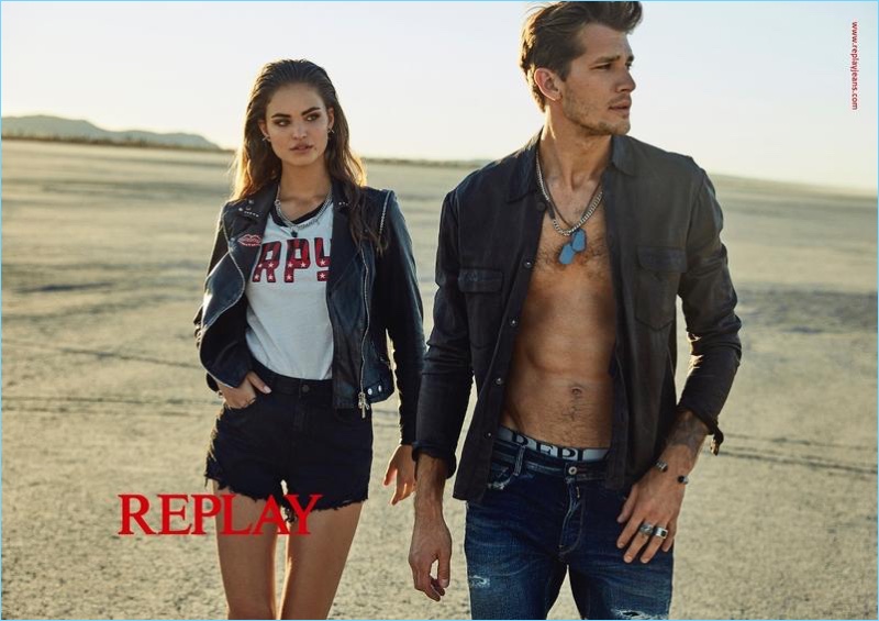 Robin Hölzken and Andrey Zakharov star in Replay's spring-summer 2018 campaign.
