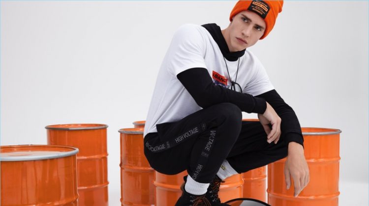 Model Oliver Stummvoll wears a streetwear-inspired look from Blood Brother's River Island collaboration.