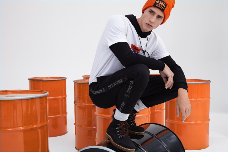 Model Oliver Stummvoll wears a streetwear-inspired look from Blood Brother's River Island collaboration.