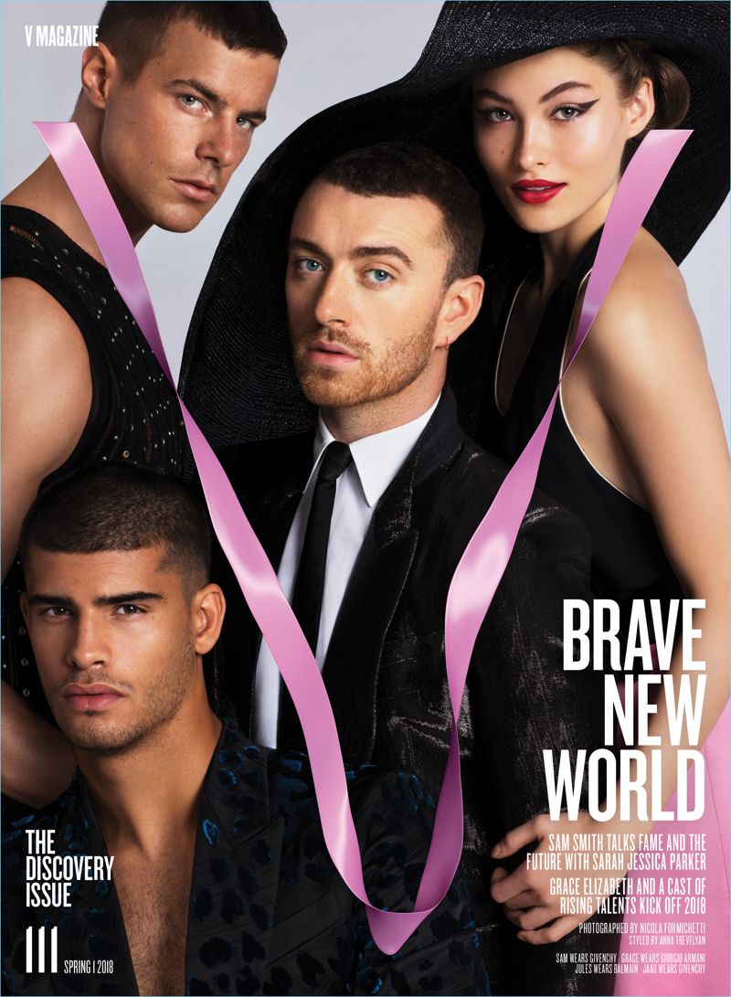 Sam Smith covers V magazine. The singer is joined by models Jules Horn, Jaad Belgaid, and Grace Elizabeth.