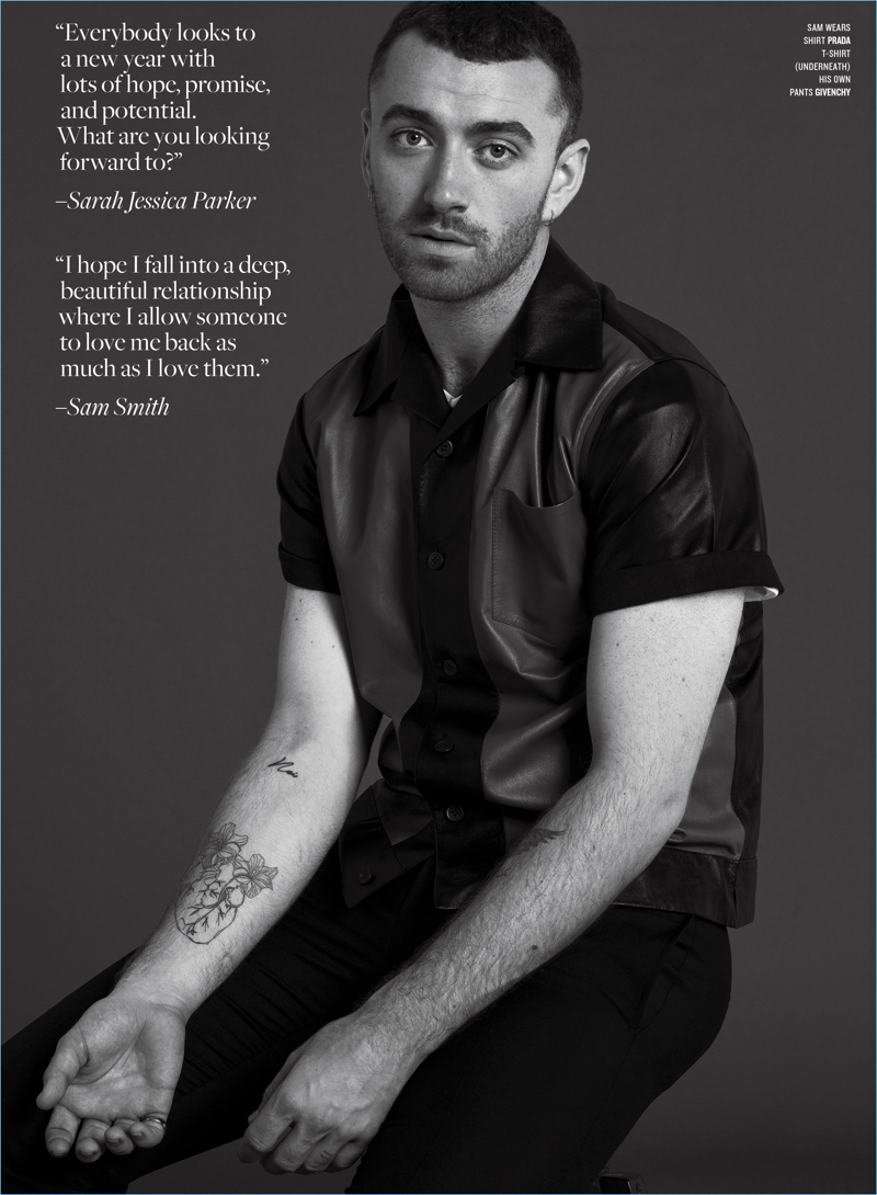 Connecting with V magazine, Sam Smith wears a leather Prada shirt with Givenchy pants.