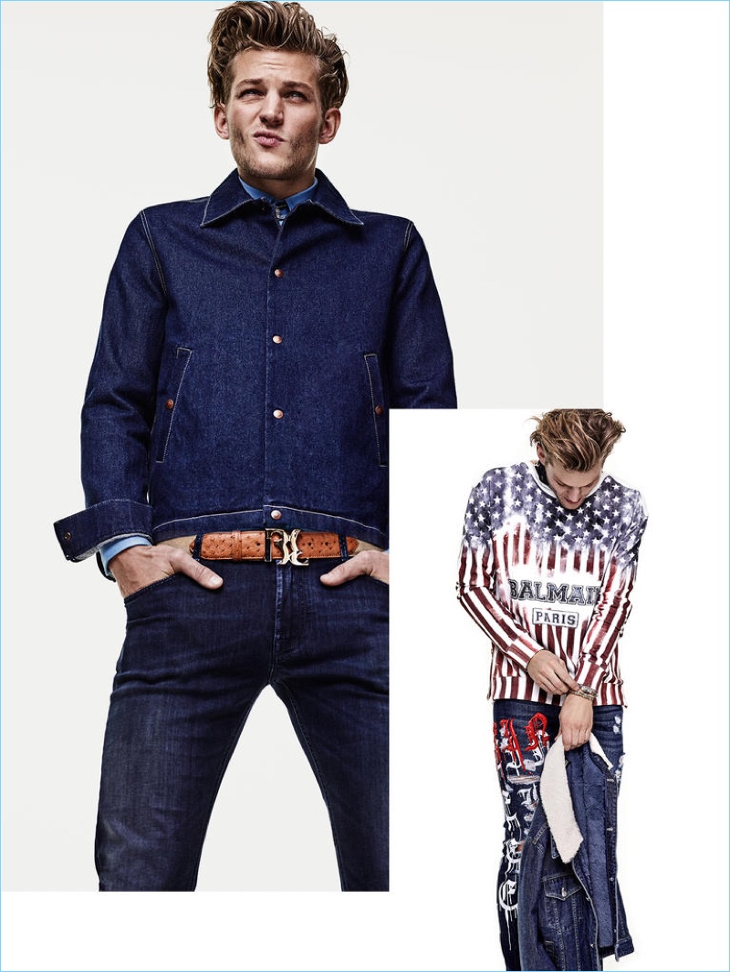 Left: AMI jacket £230 and shirt from a selection; VIVIENNE WESTWOOD necklace £94.95; BILLIONAIRE belt £875; STEFANO RICCI jeans £800; Right: BALMAIN sweater £790; PHILIPP PLEIN jeans £580; PAUL SMITH scarf £165; YVES SALOMON HOMME jacket £990; bracelets (from top) VIVIENNE WESTWOOD £155 and VERSACE £430