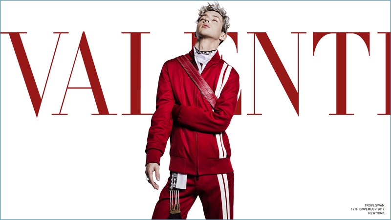 Dressed in red, Troye Sivan appears in Valentino's spring-summer 2018 campaign.