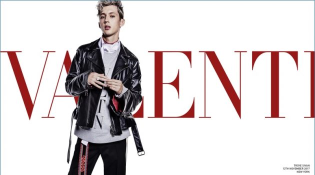 Rocking a leather jacket, Troye Sivan fronts Valentino's spring-summer 2018 campaign.