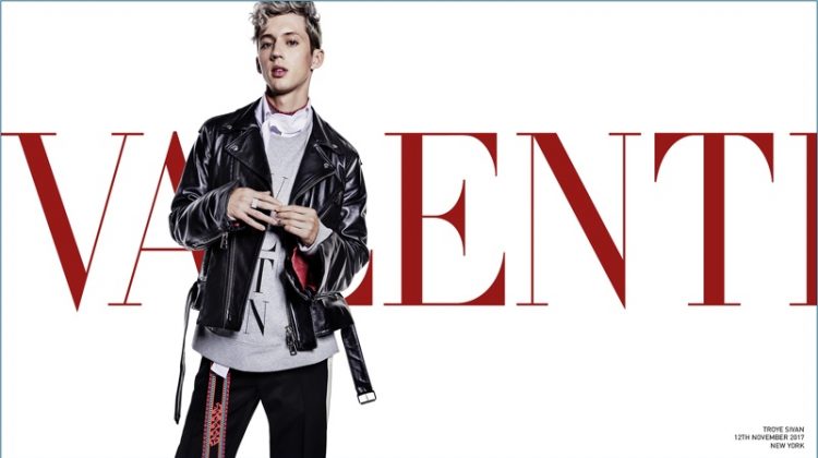 Rocking a leather jacket, Troye Sivan fronts Valentino's spring-summer 2018 campaign.