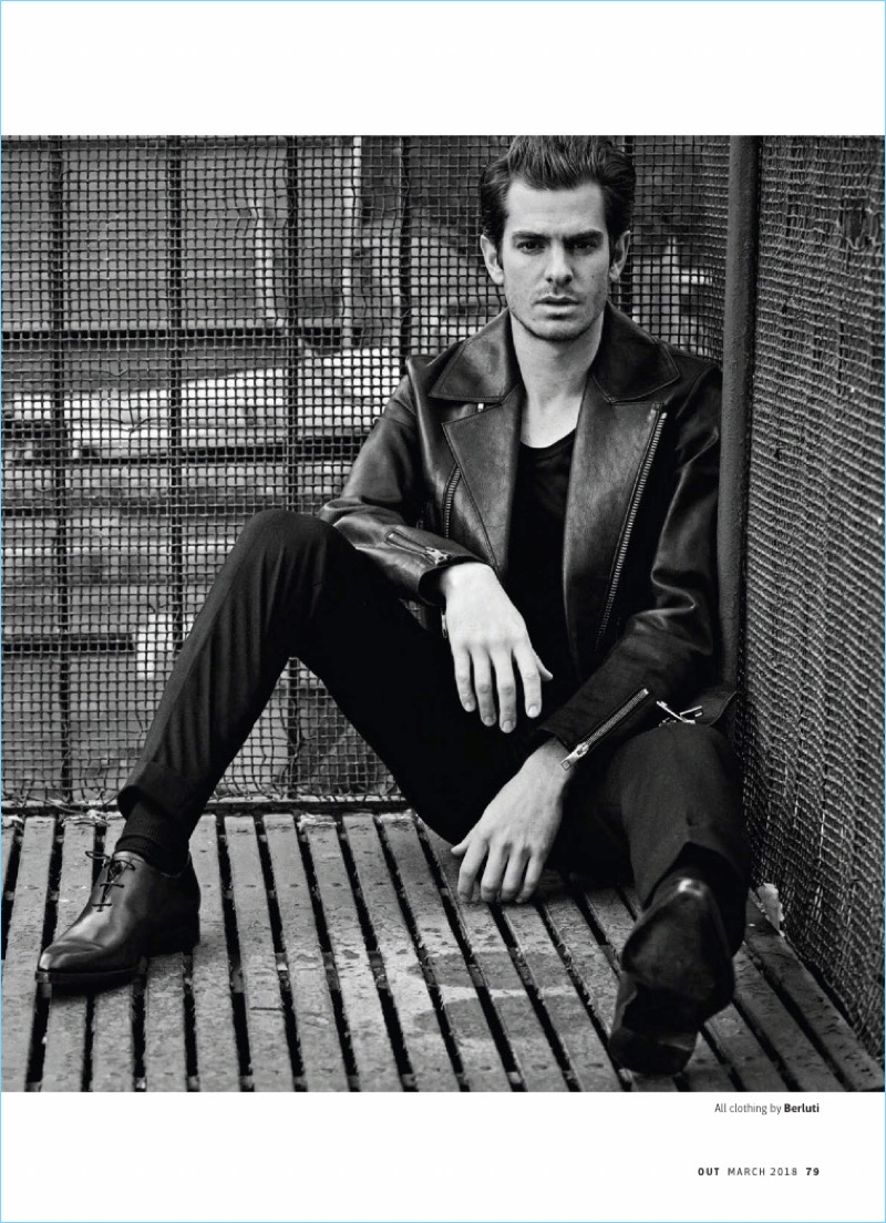 Connecting with Out magazine, Andrew Garfield dons a leather look by Berluti.