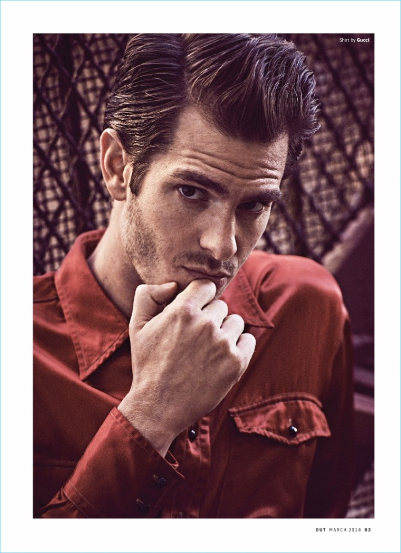 Starring in a photo shoot, Andrew Garfield rocks a red Gucci shirt.