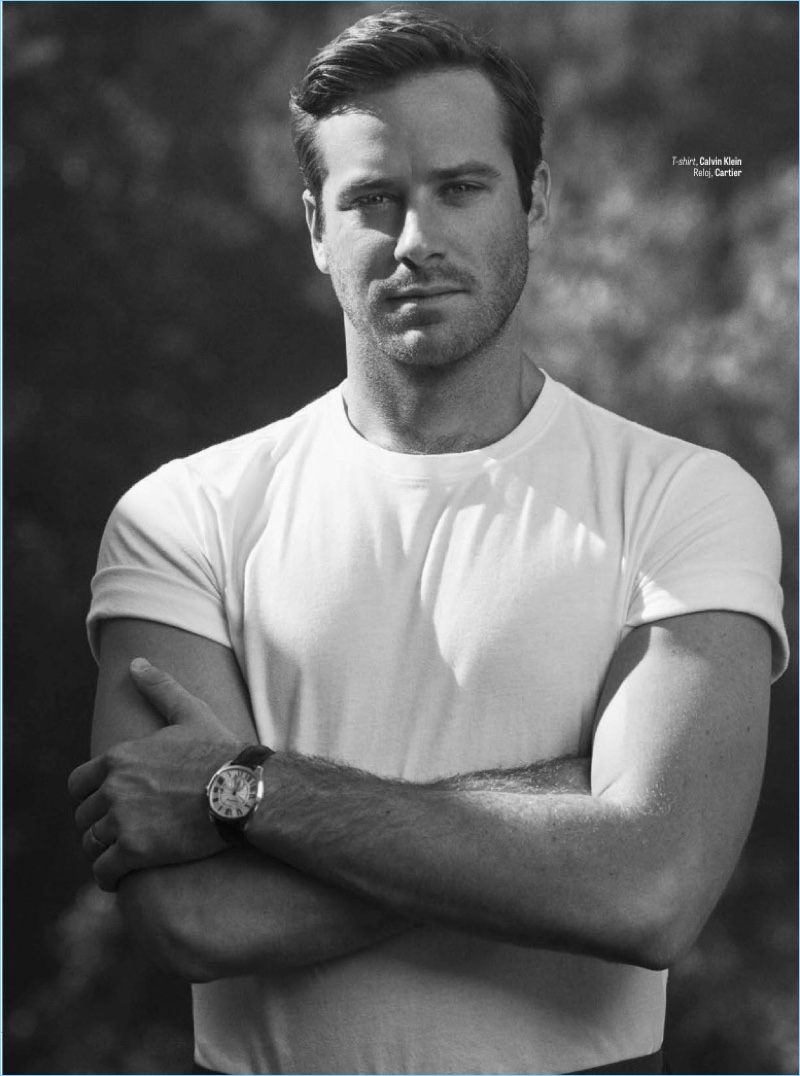 Embracing casual style, Armie Hammer wears a Calvin Klein t-shirt and Cartier watch. » Armie Hammer Covers GQ México, Talks Growing as an Actor Embracing casual style, Armie Hammer wears a Calvin Klein t-shirt and Cartier watch.