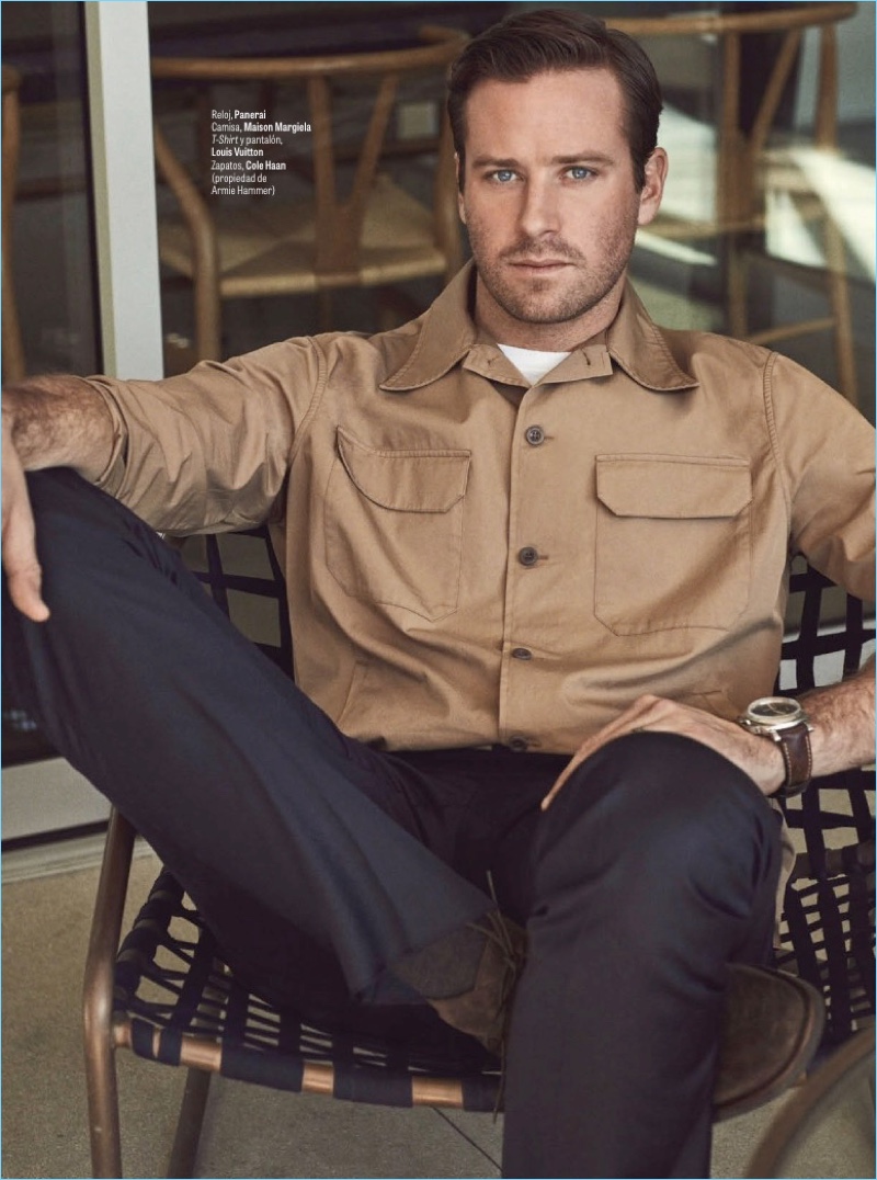 Connecting with GQ México, Armie Hammer wears a Maison Margiela shirt with a t-shirt and pants by Louis Vuitton. Hammer also dons a Panerai watch and Cole Haan shoes.