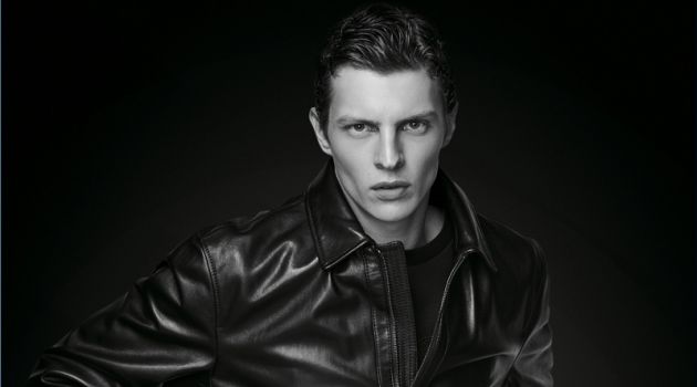 BOSS Revisits Modern Wardrobe with Black Edition Capsule Model Tim Schuhmacher sports a leather jacket from BOSS' Black Edition capsule collection.