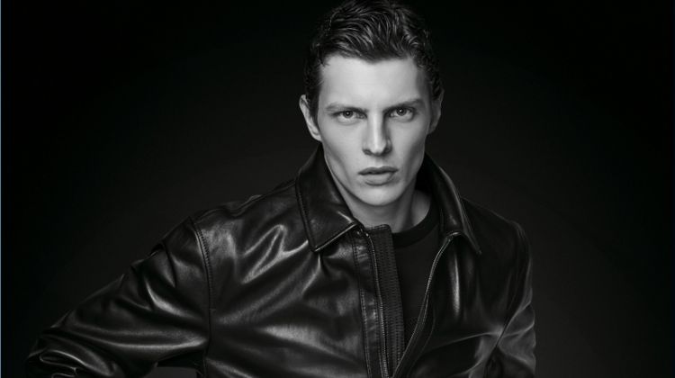 Model Tim Schuhmacher sports a leather jacket from BOSS' Black Edition capsule collection.