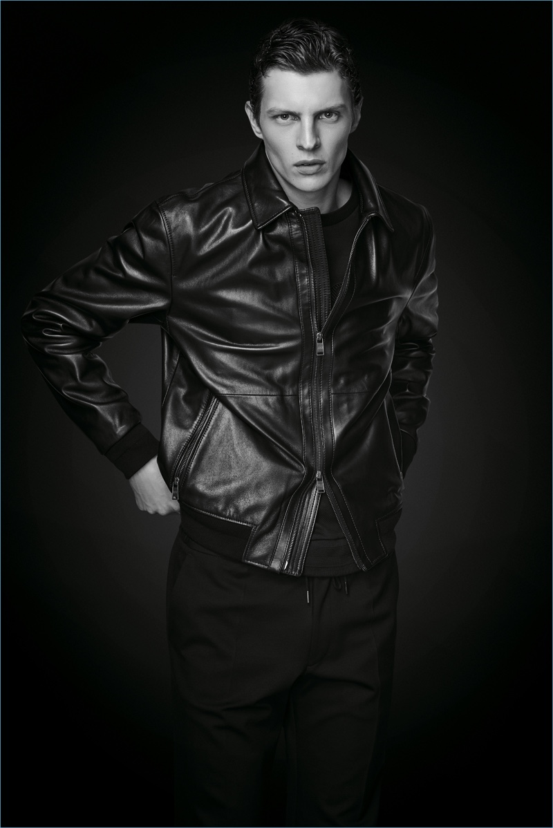 Model Tim Schuhmacher sports a leather jacket from BOSS' Black Edition capsule collection. » BOSS Revisits Modern Wardrobe with Black Edition Capsule Model Tim Schuhmacher sports a leather jacket from BOSS' Black Edition capsule collection.