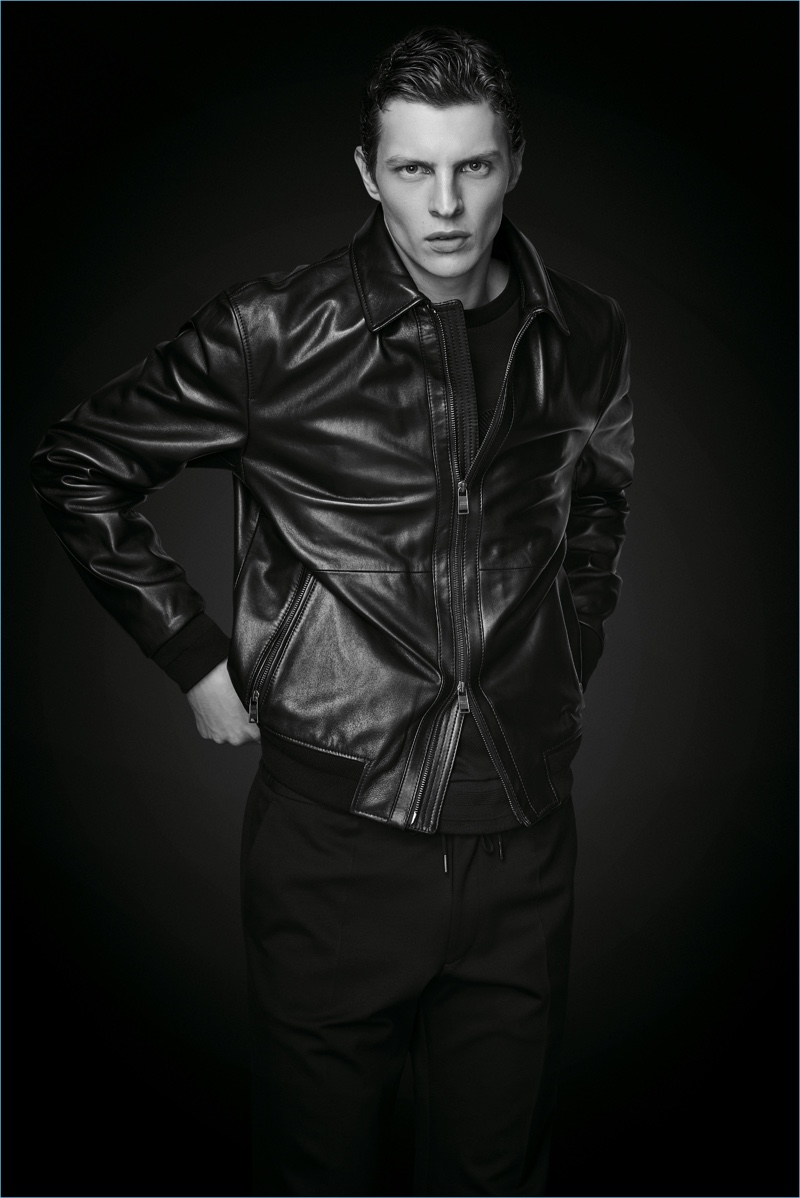 Model Tim Schuhmacher sports a leather jacket from BOSS' Black Edition capsule collection.