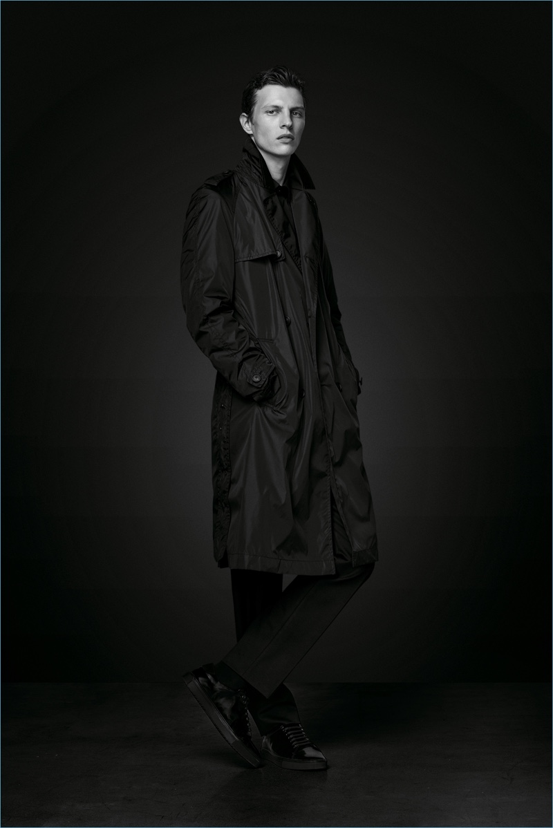 BOSS enlists Tim Schuhmacher to wear a lightweight coat from its Black Edition capsule collection.