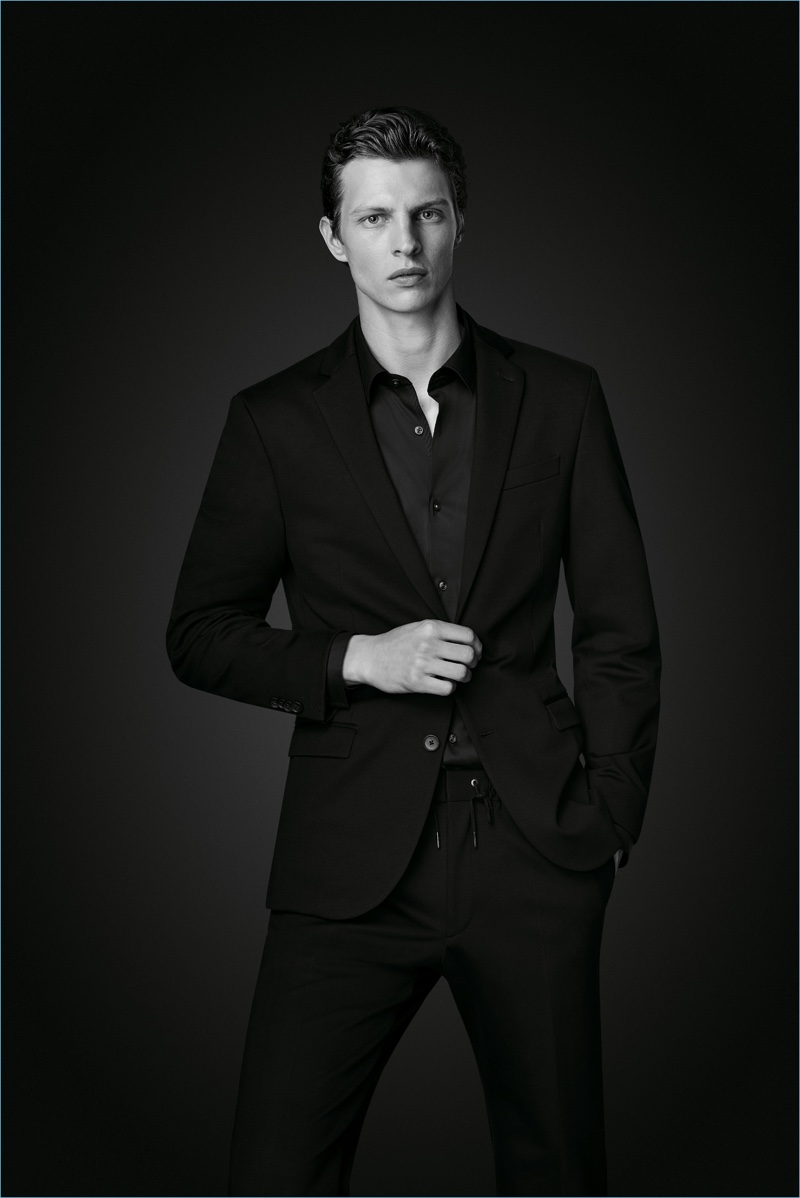 Suiting up, Tim Schuhmacher wears a look from BOSS' Black Edition capsule collection.