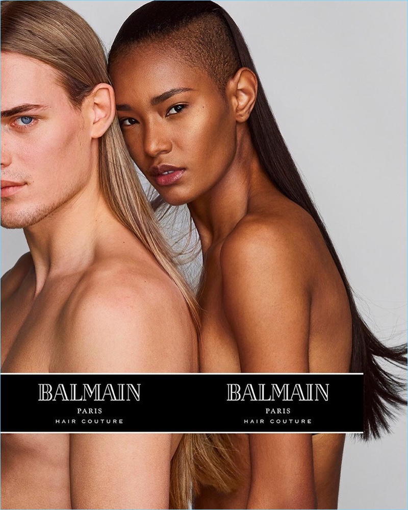 Models Ton Heukels and Ysaunny Brito front Balmain Paris Hair Couture's spring-summer 2018 campaign.