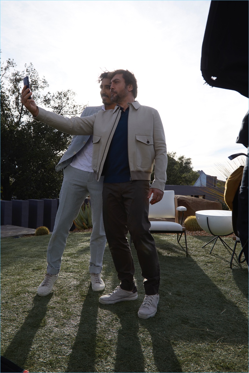 Posing for a selfie, Javier Bardem and Dev Patel connect for Ermenegildo Zegna's spring-summer 2018 campaign.