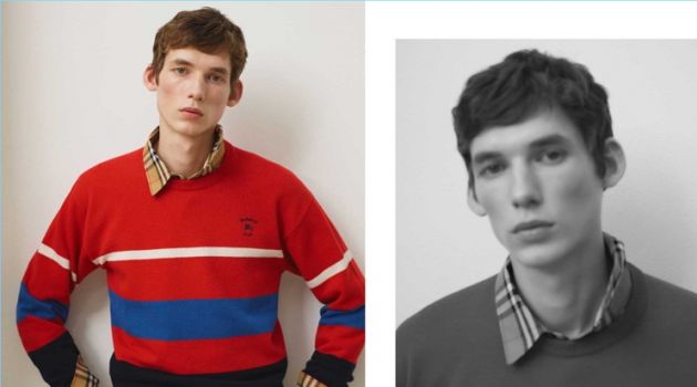 Matches Fashion Spotlights Burberry's Unisex Collection Tancrede Scalabre wears a Burberry logo-embroidered striped wool sweater, rainbow house-checked cotton shirt and logo-embroidered drawstring-waist track pants.