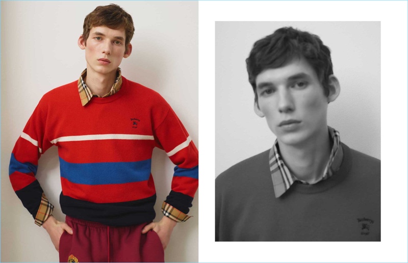 Tancrede Scalabre wears a Burberry logo-embroidered striped wool sweater, rainbow house-checked cotton shirt and logo-embroidered drawstring-waist track pants.