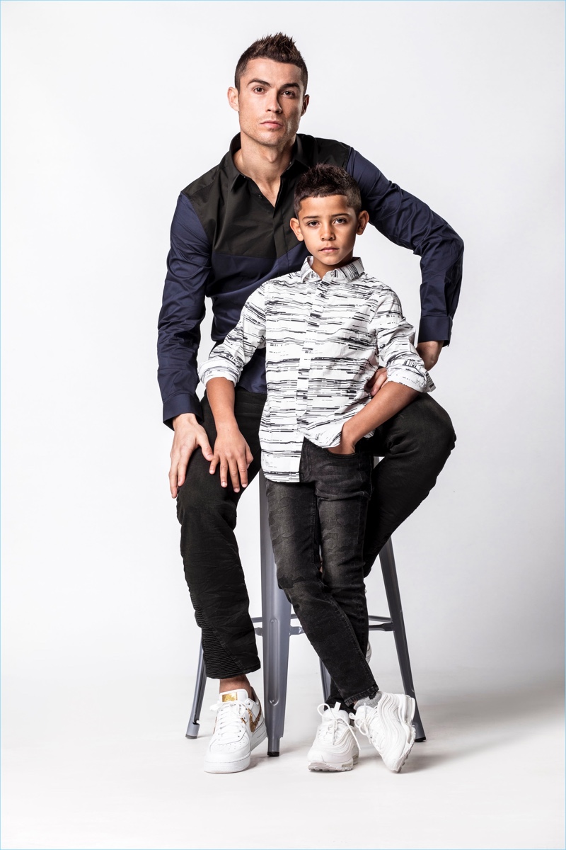 Clad in denim, Cristiano Ronaldo joins his son Jr. for CR7 Denim's spring-summer 2018 campaign.