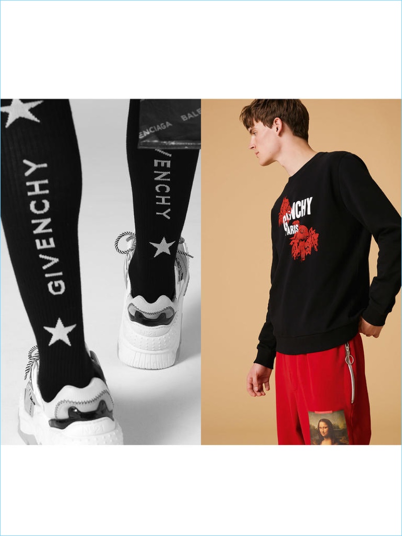 Left: GIVENCHY socks £105; NO.21 sneakers from a selection; Right: GIVENCHY sweater £495; OFF-WHITE sweatpants £370