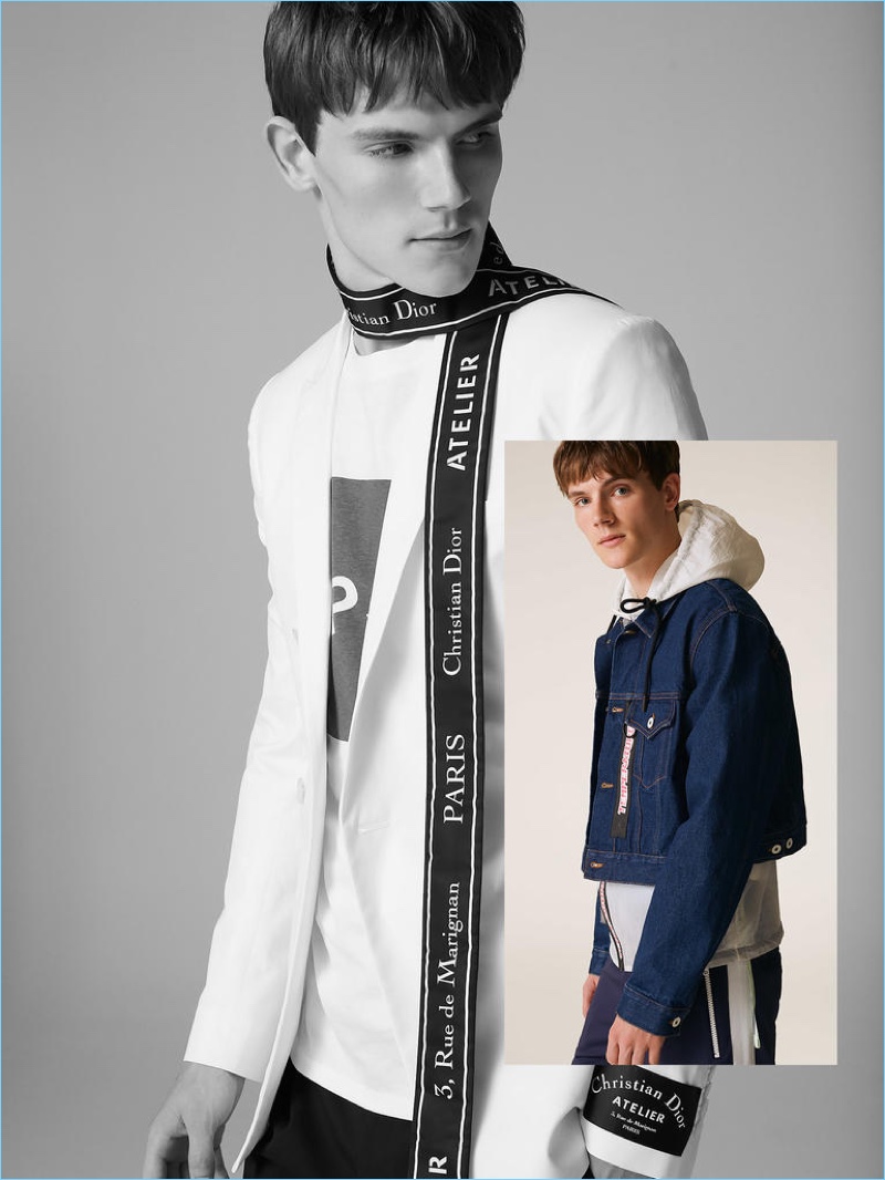 Left: DIOR HOMME jacket £1,600 and scarf £230; A.P.C. T-shirt £74.95; Right: OFF-WHITE jacket £925; THE KOOPLES SPORT trousers £145