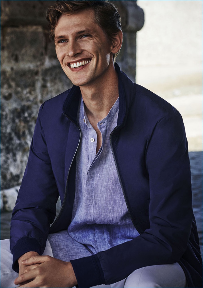 All smiles, Mathias Lauridsen reunites with Canali for spring-summer 2018.