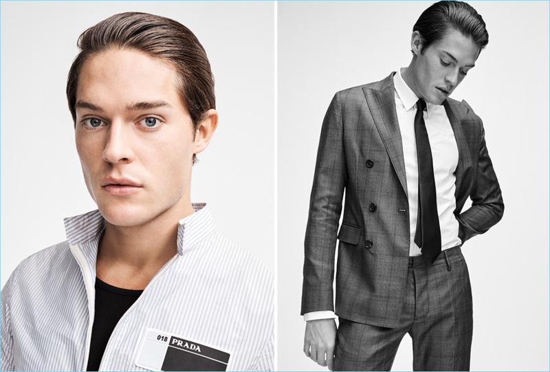 Left: Cesar Casier wears shirt and t-shirt, both by Prada. Right: Suiting up, Cesar dons suit, shirt and tie, all by Dsquared2.