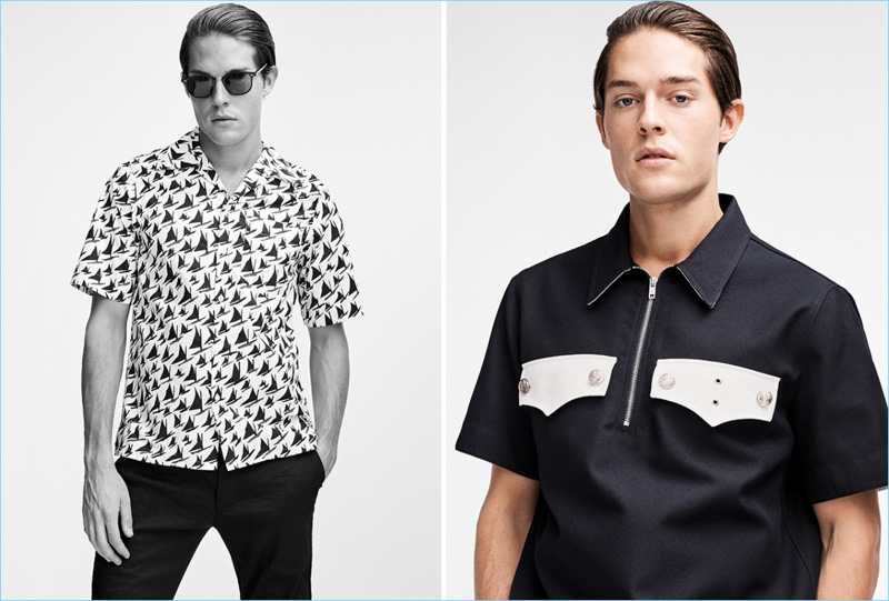 Left: Embracing prints, Cesar Casier wears sunglasses by Cutler & Gross, shirt by Marni from Browns and trousers by Uma Wang. Right: Cesar dons shirt by Calvin Klein 205W39NYC from Browns.