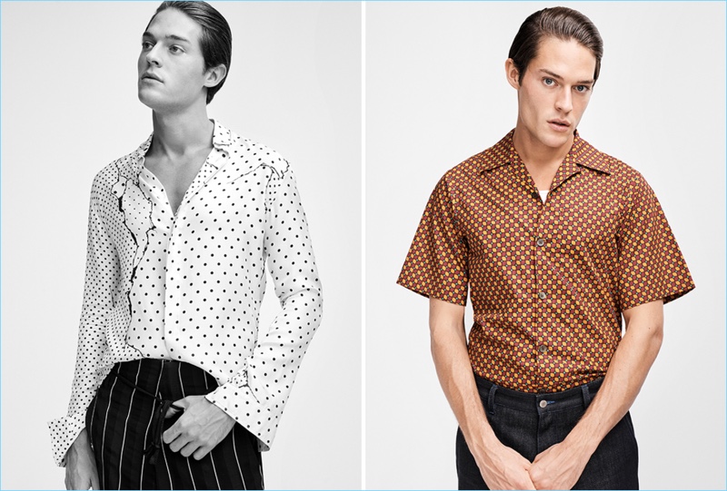 Left: Mixing prints, Cesar Casier wears shirt and trousers, both by Haider Ackermann. Right: Cesar sports shirt by Prada from Auzmendi and jeans by Ami Alexandre Mattiussi.