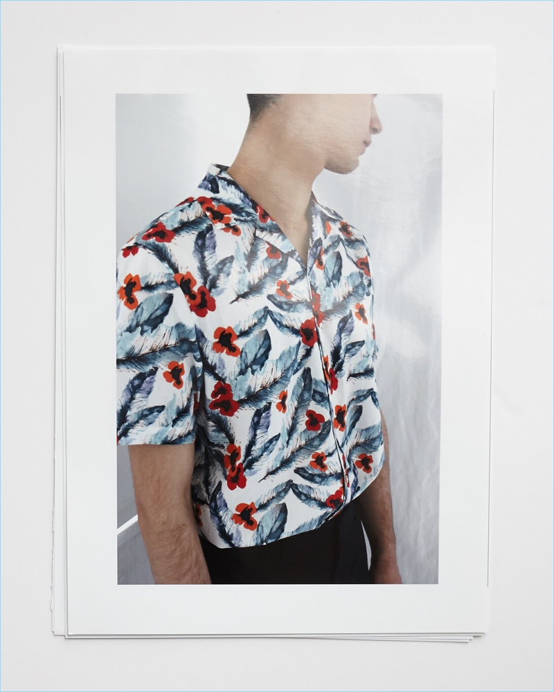 Color arrives courtesy of a graphic print on a short-sleeve shirt by Club Monaco.