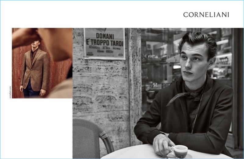 Kit Butler stars in Corneliani's spring-summer 2018 campaign.