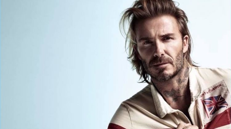 Starring in Kent & Curwen's spring-summer 2018 campaign, David Beckham wears a rugby shirt with the Union Jack.