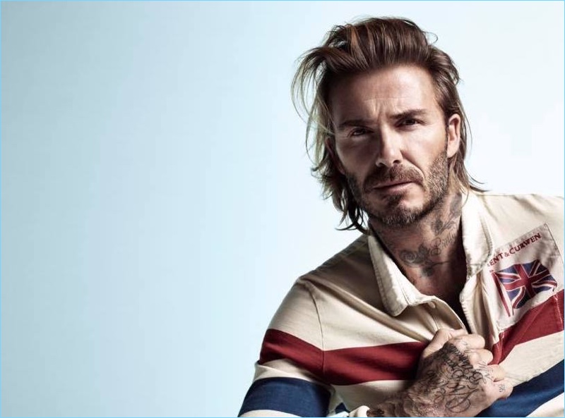 Starring in Kent & Curwen's spring-summer 2018 campaign, David Beckham wears a rugby shirt with the Union Jack.