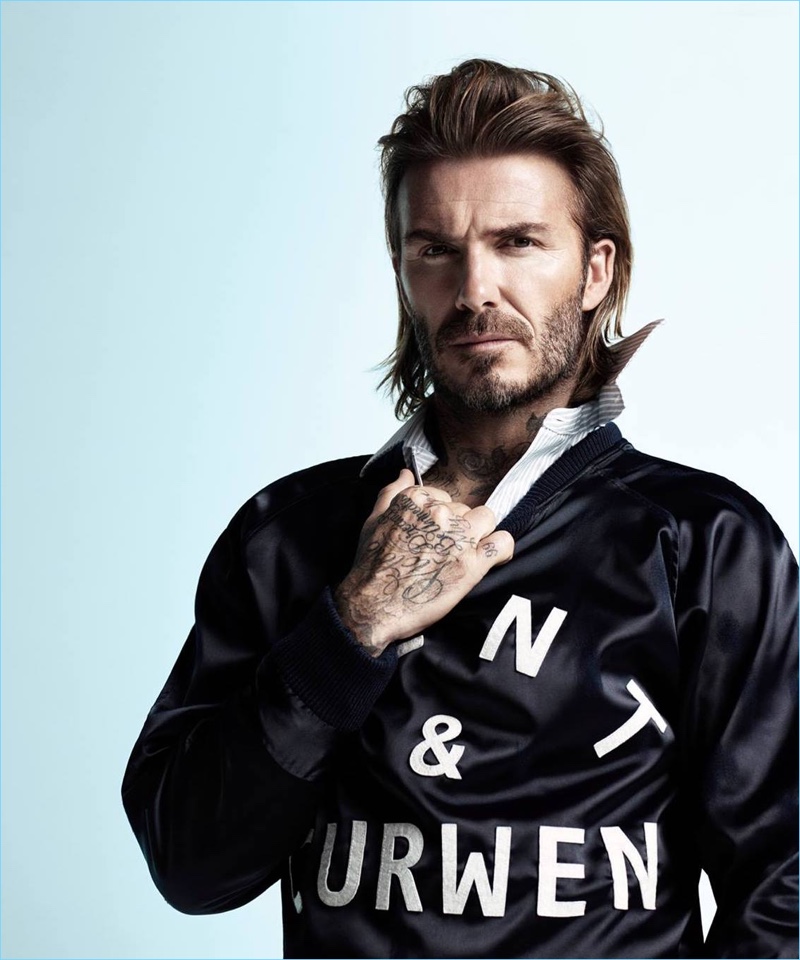 Rocking a sateen sweatshirt, David Beckham appears in Kent & Curwen's spring-summer 2018 campaign.