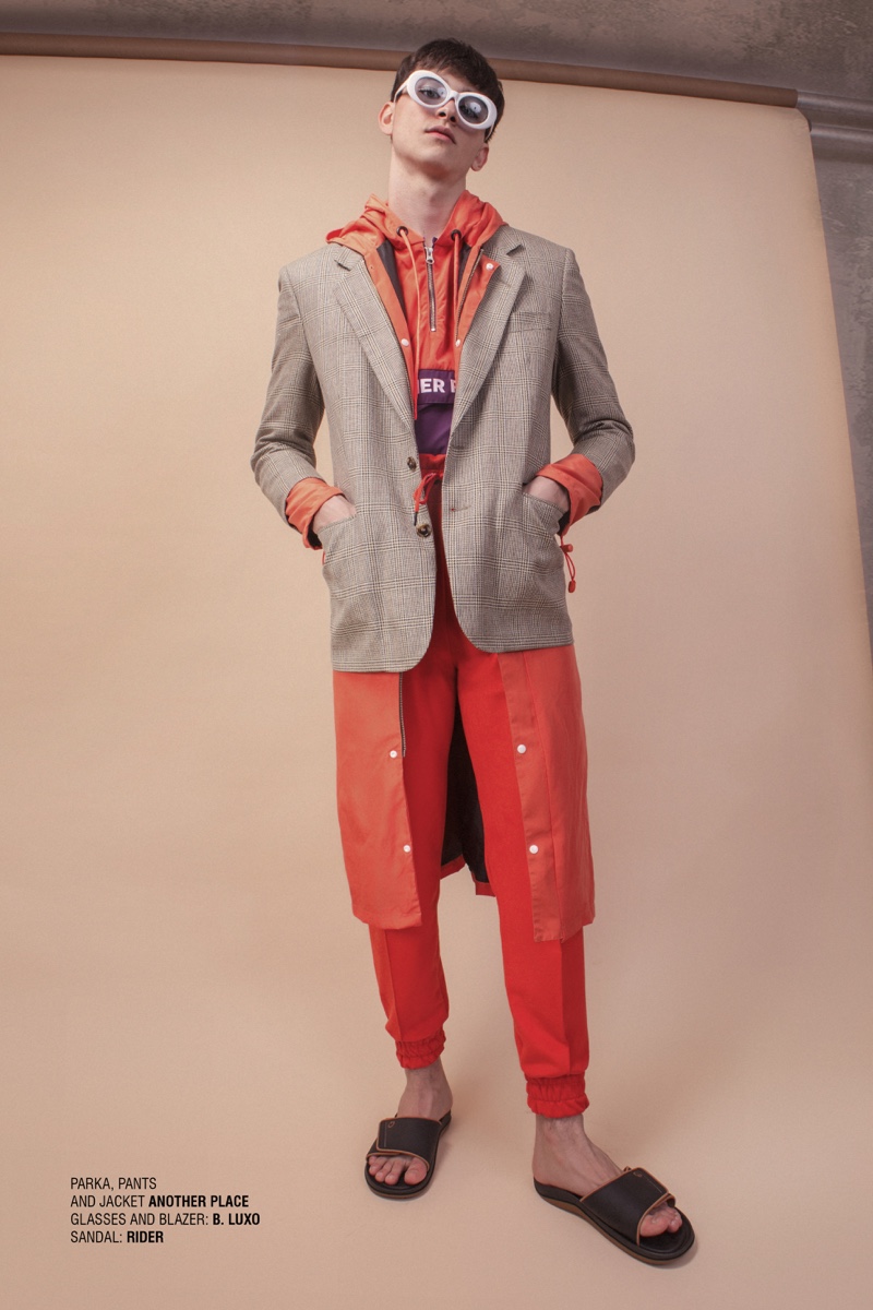 Vitor wears sandals Rider, glasses and blazer B. Luxo, parka, pants, and jacket Another Place.