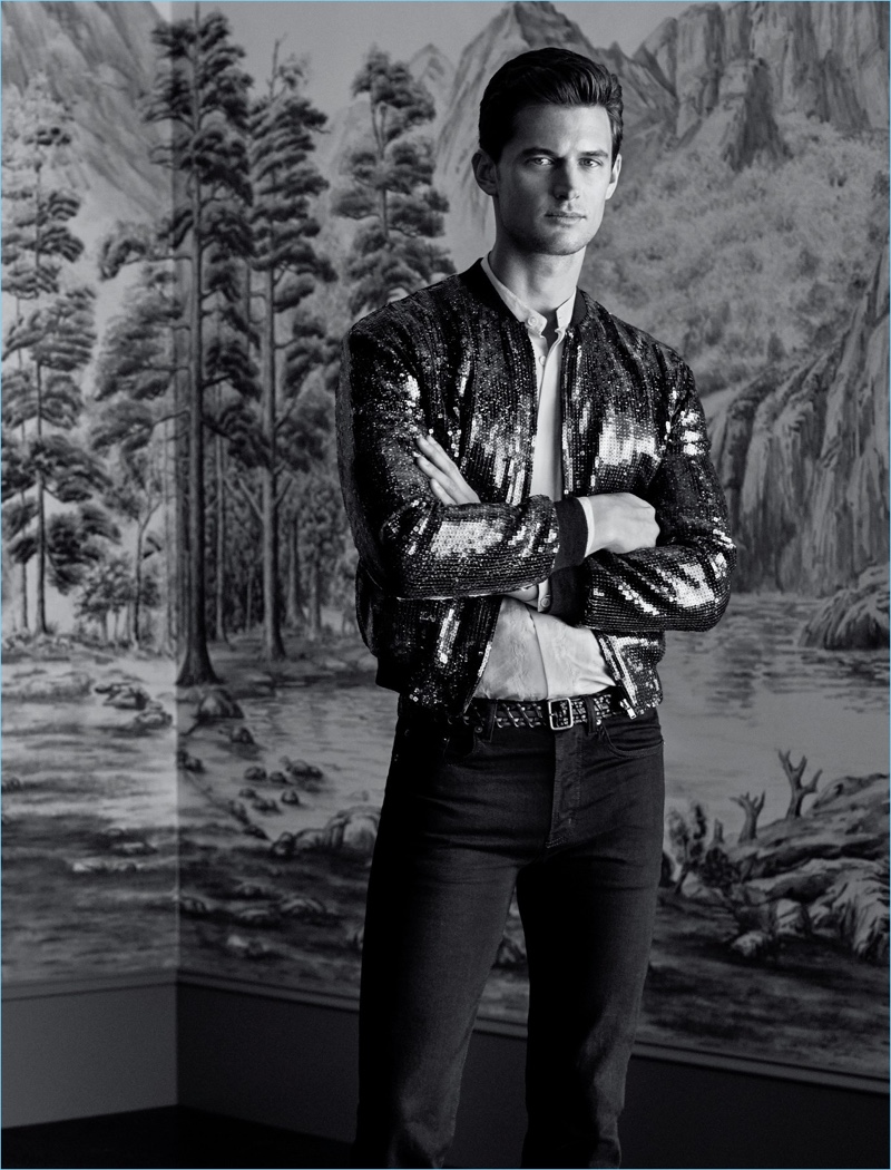 Model Garrett Neff sports a spring look from Saint Laurent.