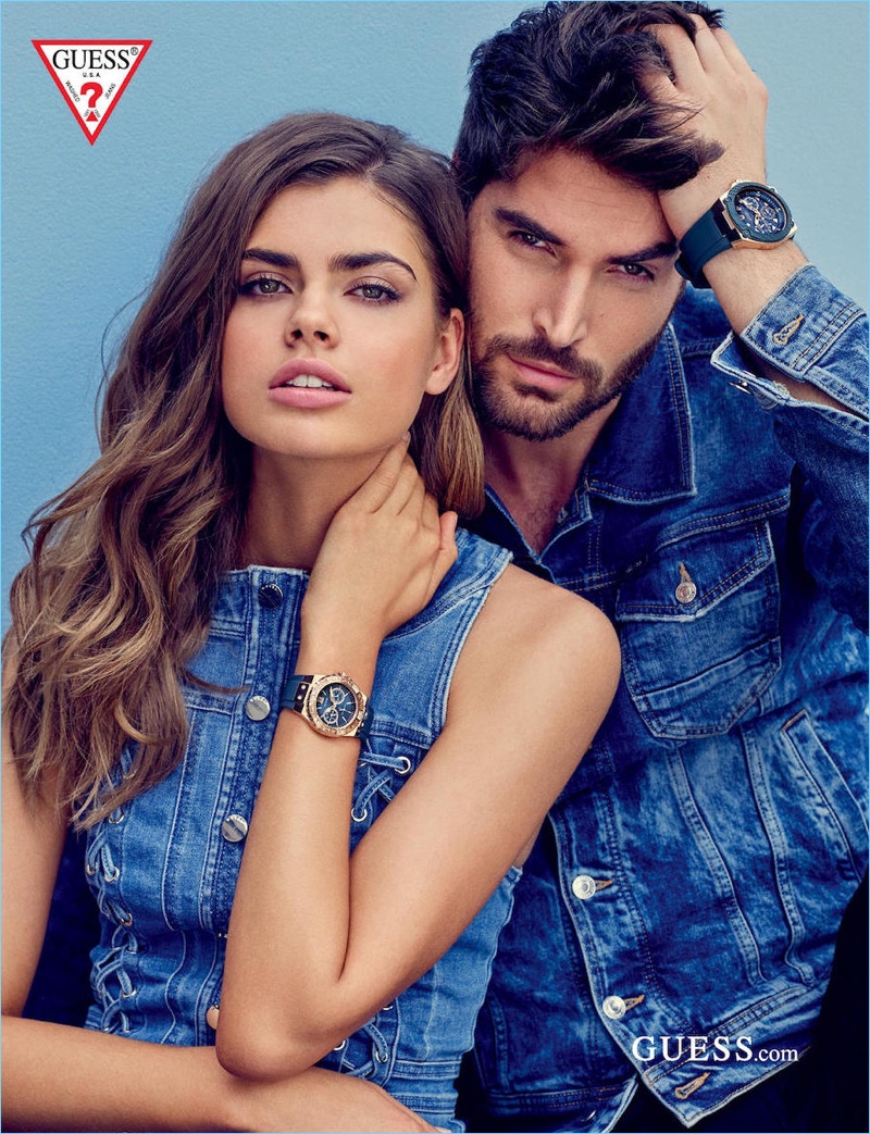 Models Gwen van Meir and Nick Bateman star in Guess' spring-summer 2018 accessories campaign.