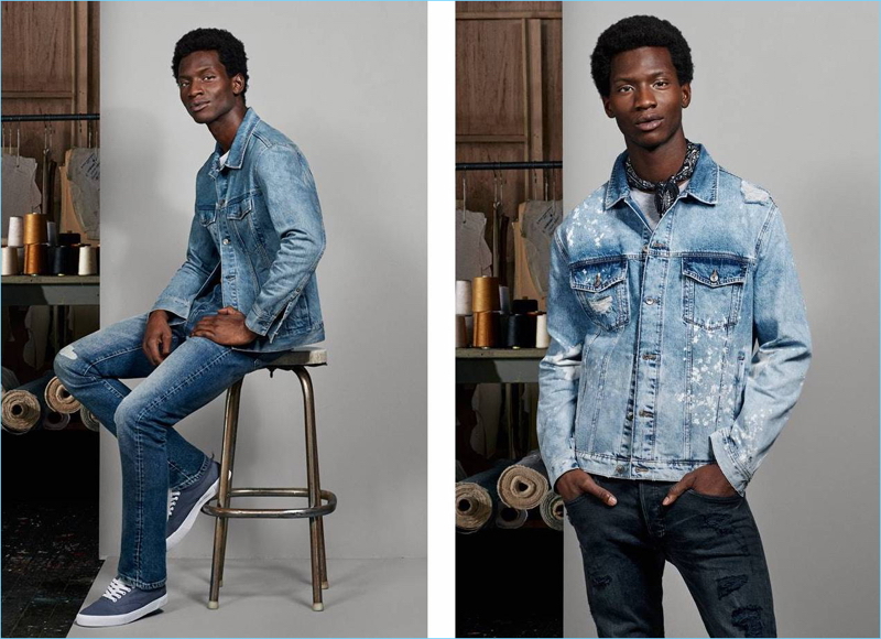 Doubling down on denim, Adonis Bosso models a denim jacket, t-shirt, and slim jeans by H&M.