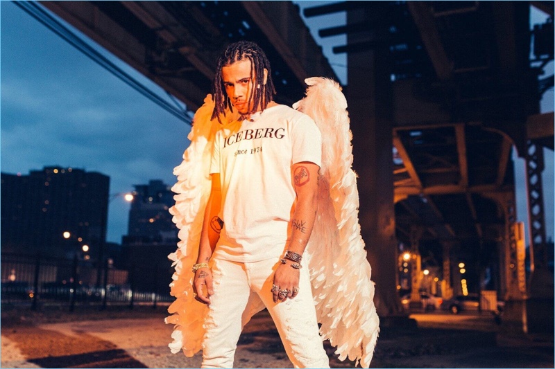 Vic Mensa wears angel wings for Iceberg's spring-summer 2018 campaign.
