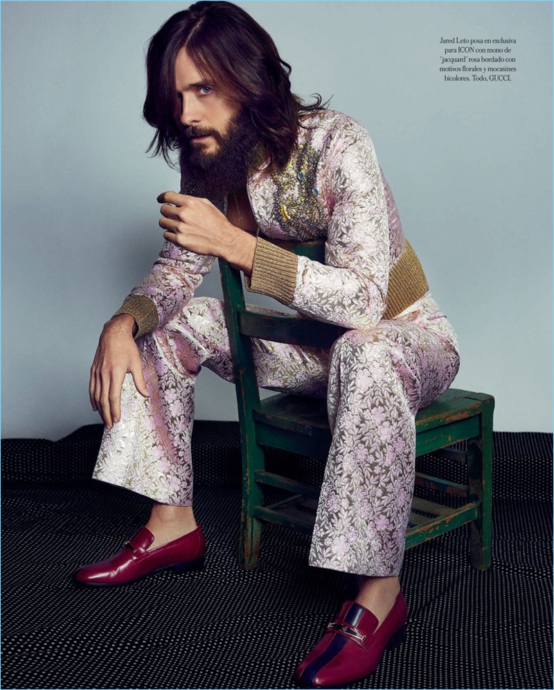 Actor Jared Leto dons a dandy Gucci look with Tod's loafers.