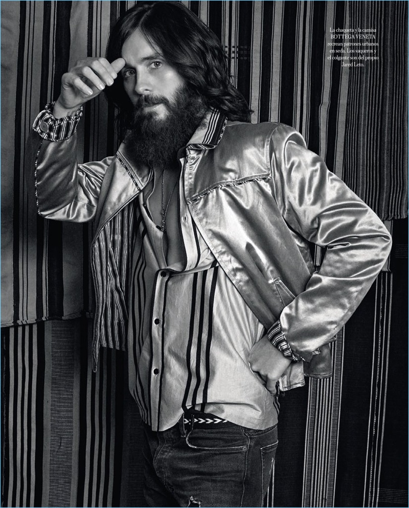 Starring in a photo shoot, Jared Leto rocks a shirt and jacket by Bottega Veneta.