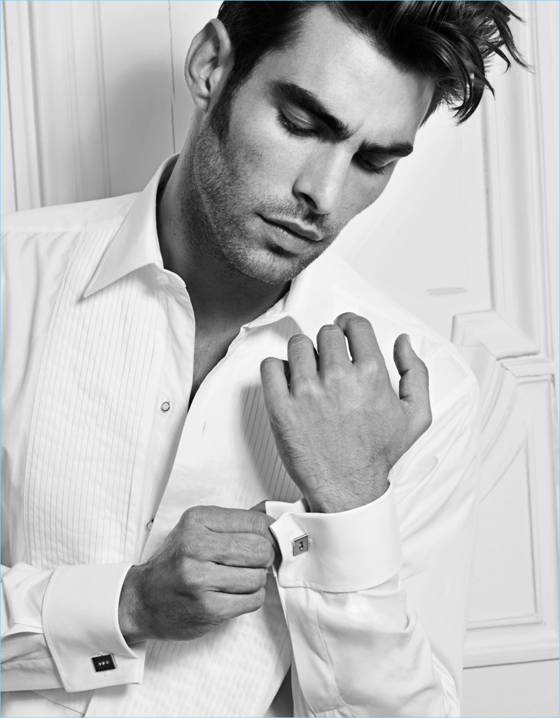 Top model Jon Kortajarena wears a variation of Messika's Move jewels, the cufflinks.