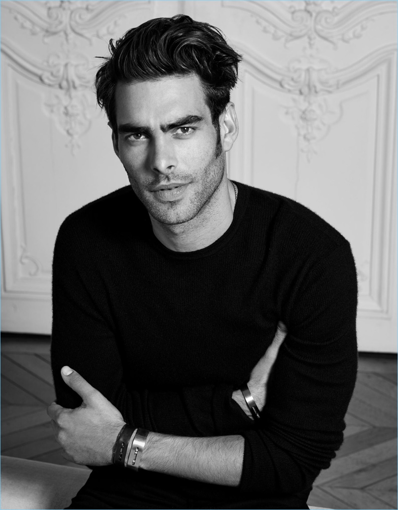 Model Jon Kortajarena sports Messika's Natural Move Titanium bangles.